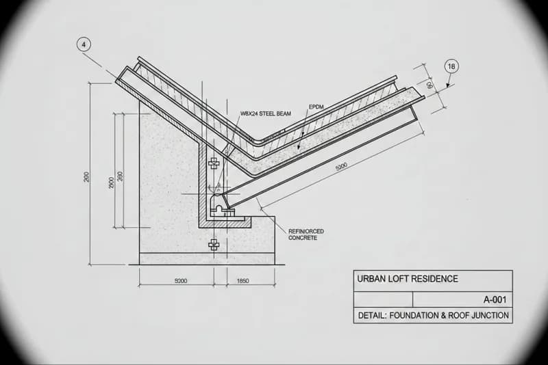 Detail drawing of a foundation and roof junction
