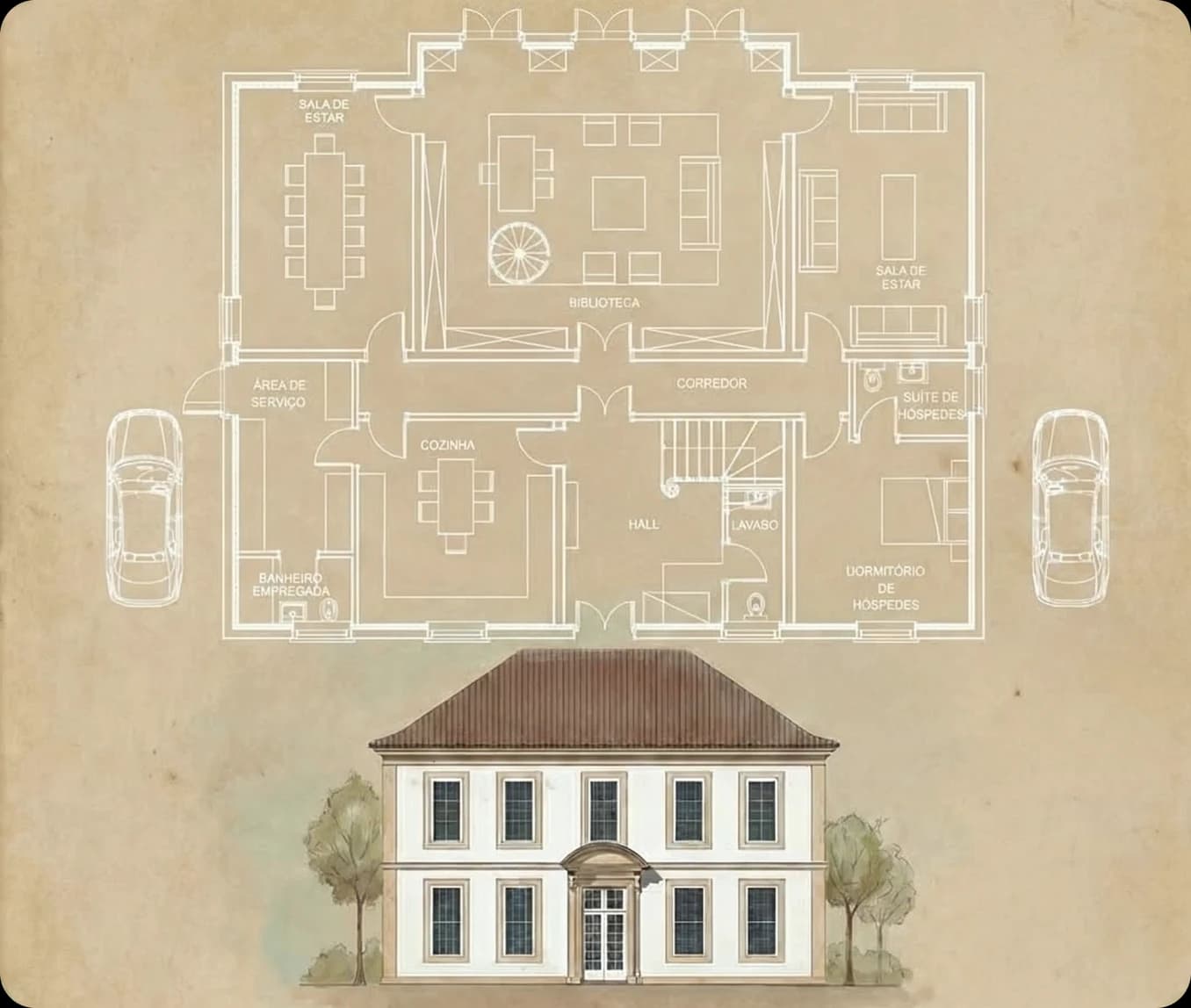 Sepia floor plan of a two-storey house drawn above its front elevation