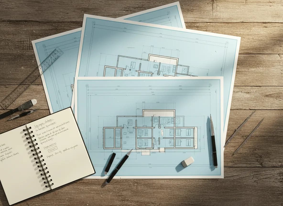 Blueprints, a notebook and pencils laid out on a wooden desk