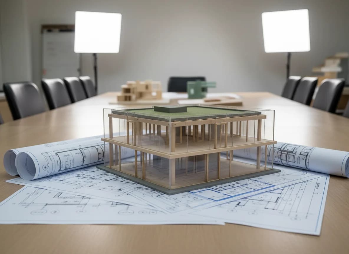Meeting room with a scale model of a building on the table