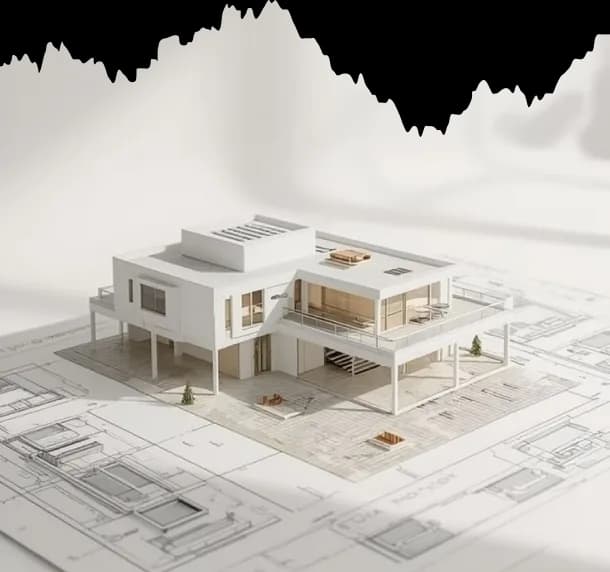 White architectural model of a house on its drawings
