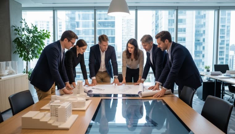 Team gathered around a table reviewing a project together