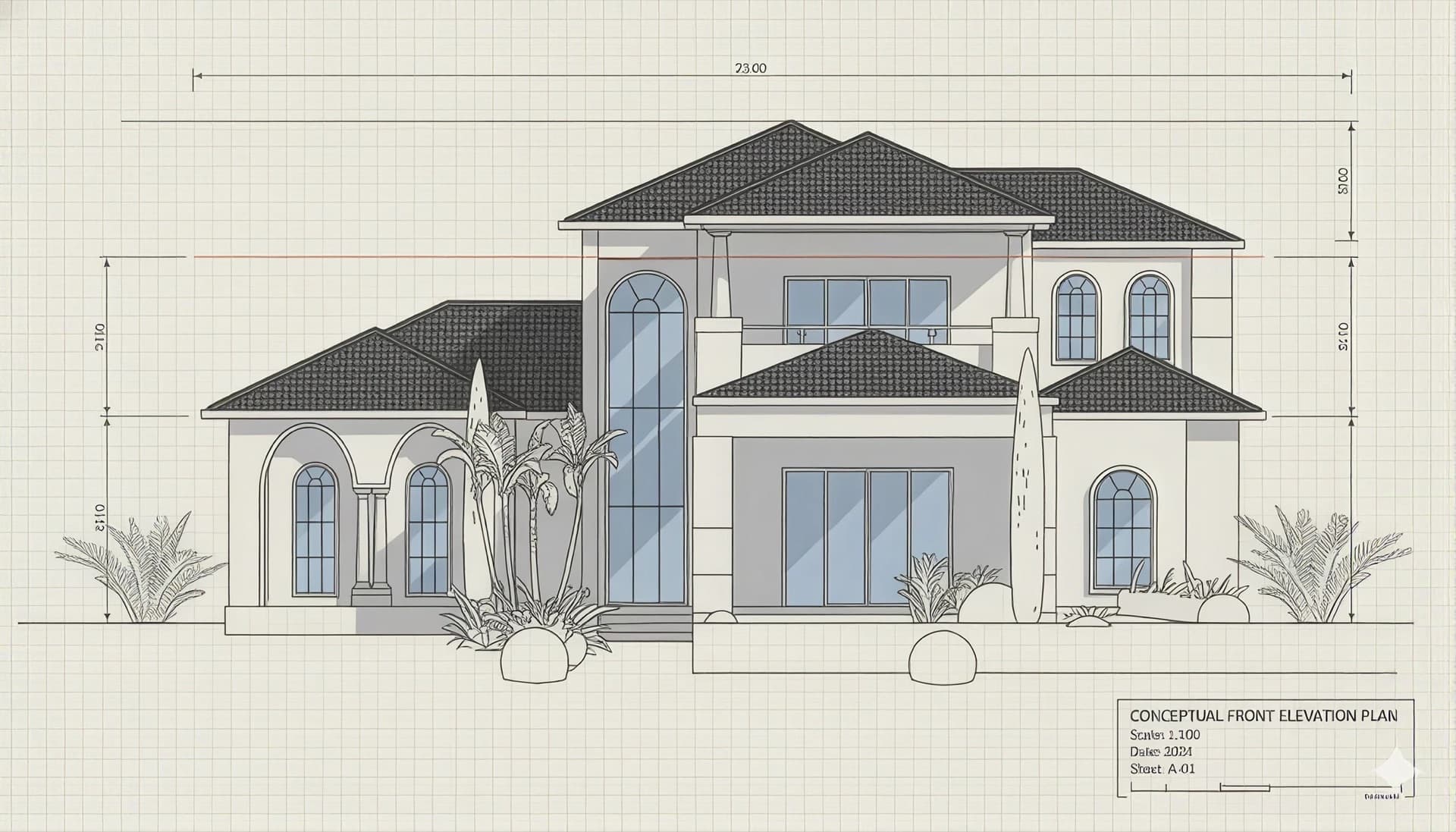 Conceptual front elevation drawing of a two-storey villa, drawn over a blueprint grid