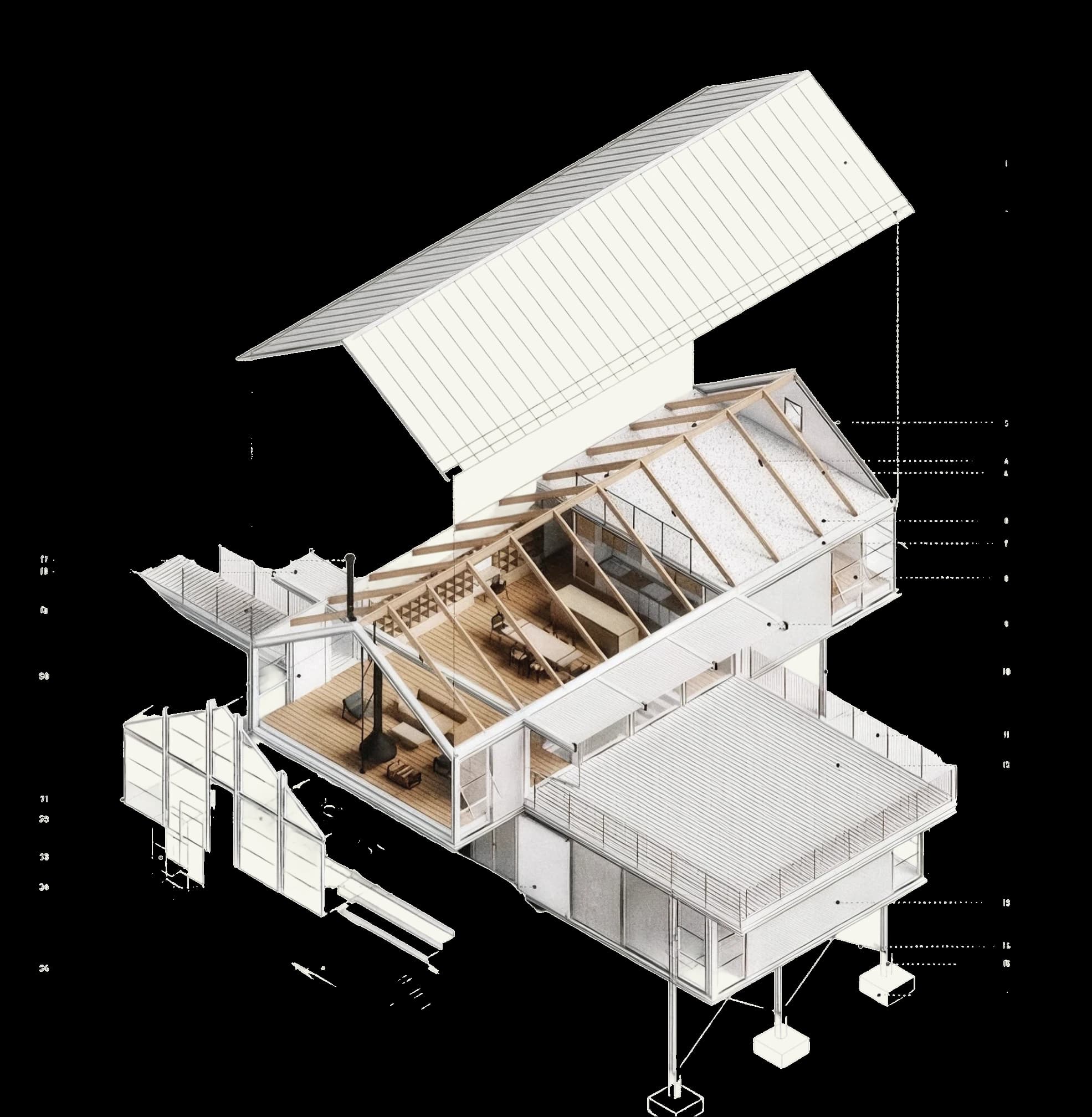 Exploded isometric drawing of a timber-framed house, showing roof, structure and interior as separate layers